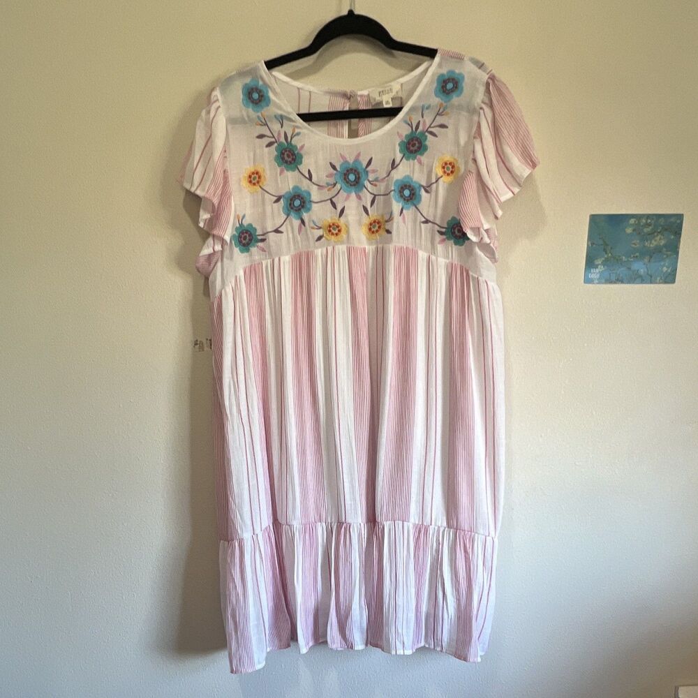 Perch by Blu Pepper Women’s Plus 1XL Striped Embroidered Flutter Dress Lined